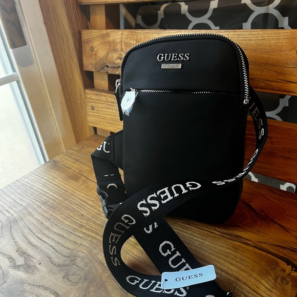 GUESS Black Messenger Bag with Logo Strap - Picture 1 of 7
